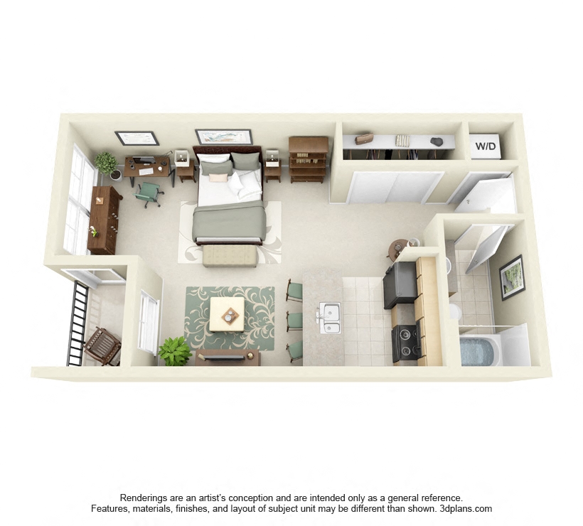 Floor plan for studio, 1 bath, 527 sqft